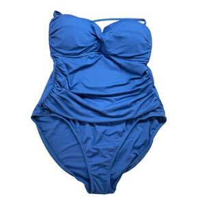 Anne Cole Swimsuit Top Blue Ruched One-Piece Size 16 Padded Bust Removable Strap
